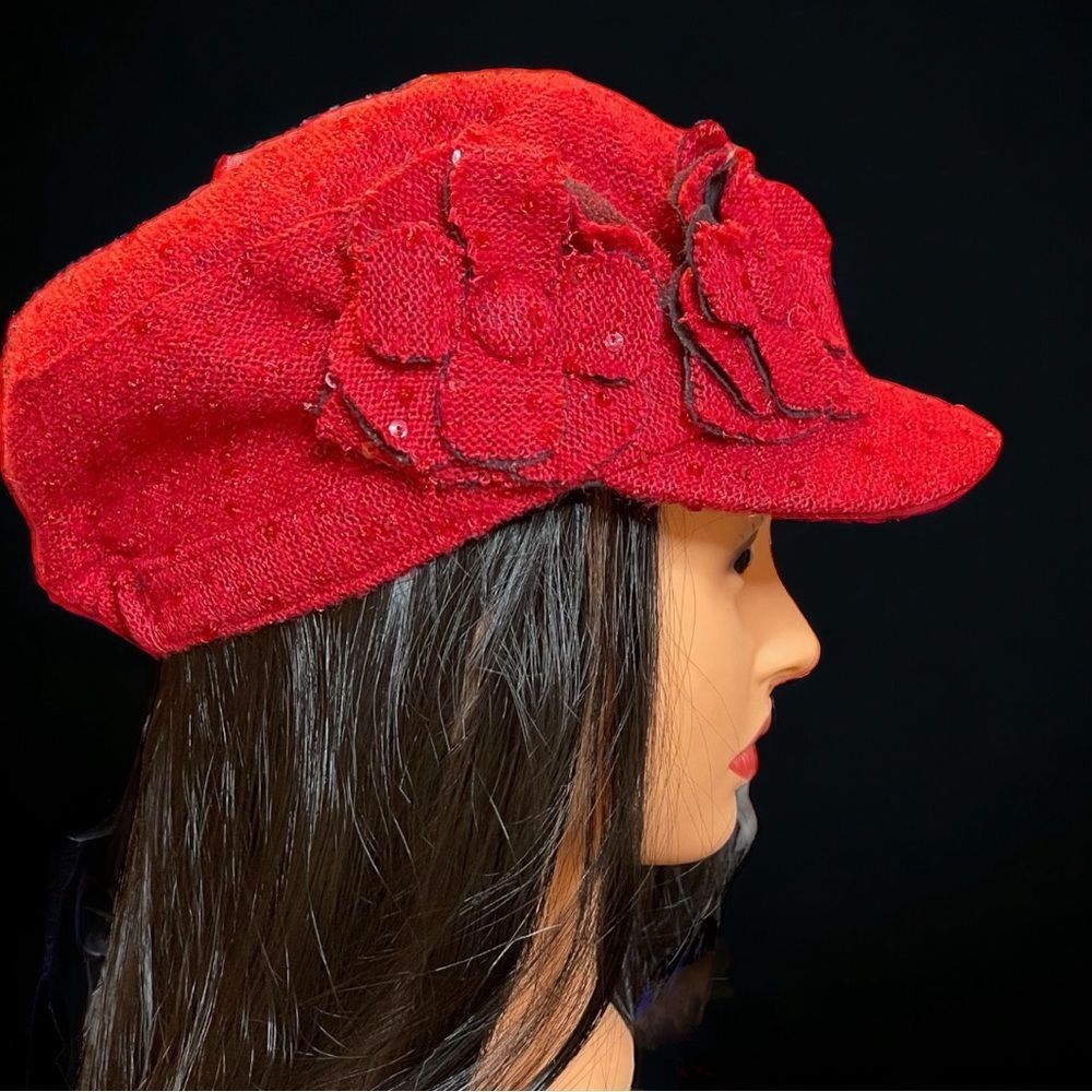 Something Special Textured Red Pageboy Hat with Flowers and Some Sequins